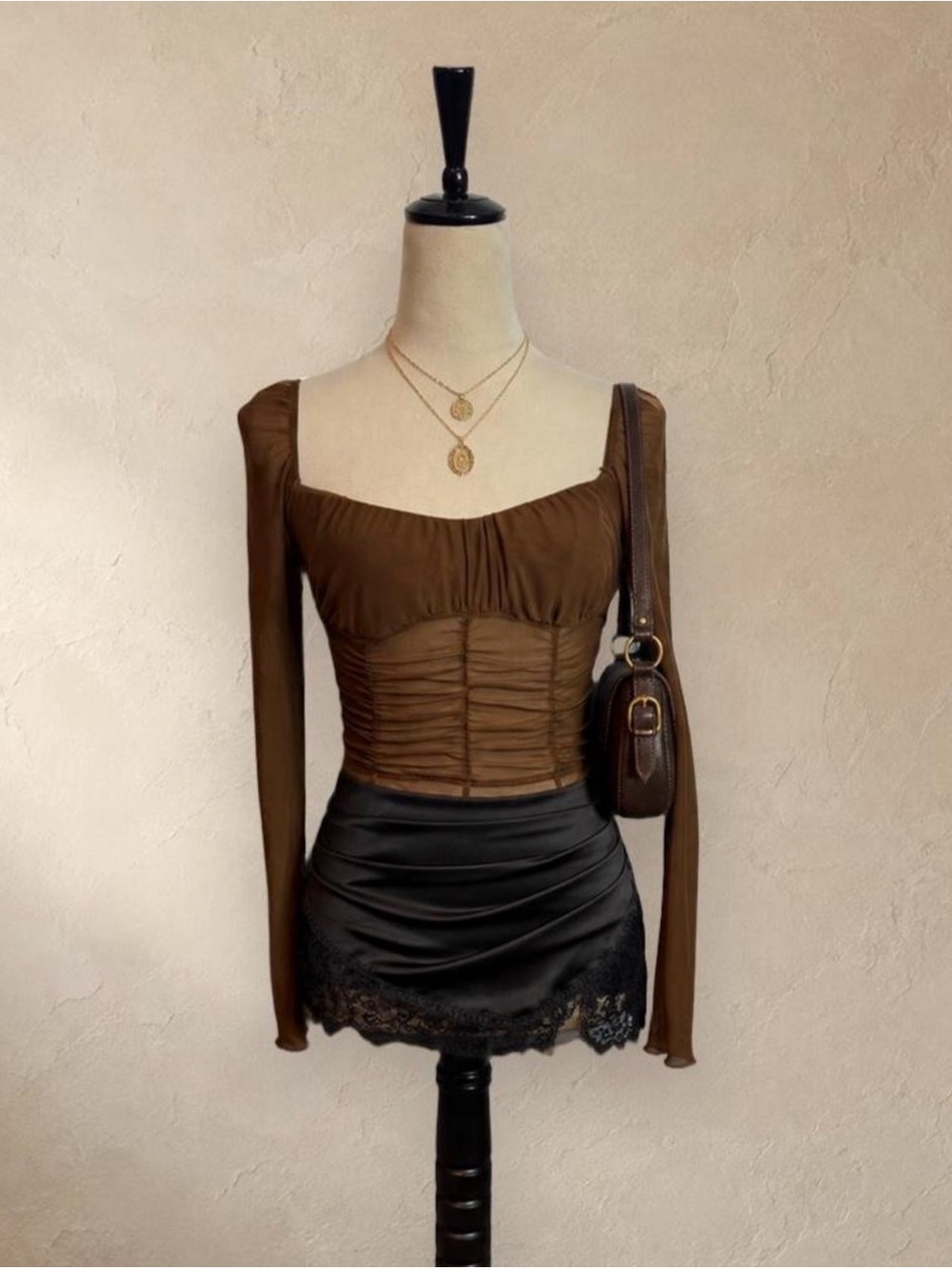 Tic Toc Brown Ruched Mesh Corset Style Crop Top Sheer Long Sleeve Size S